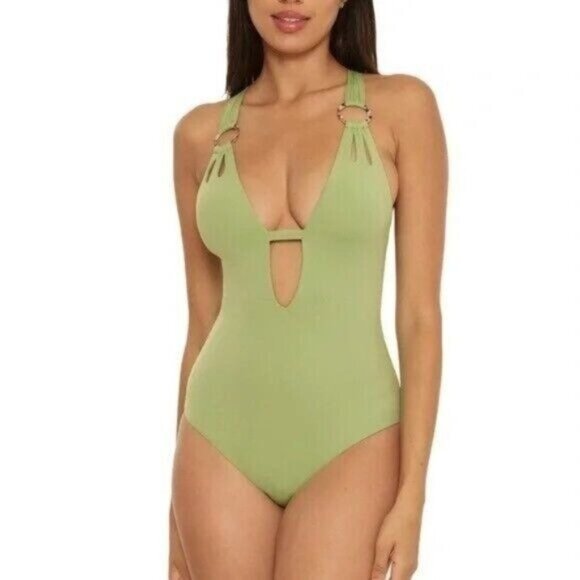 BECCA by Rebecca Virtue One-Piece Swimsuit S Plunge Sage Green NEW - Picture 2 of 12